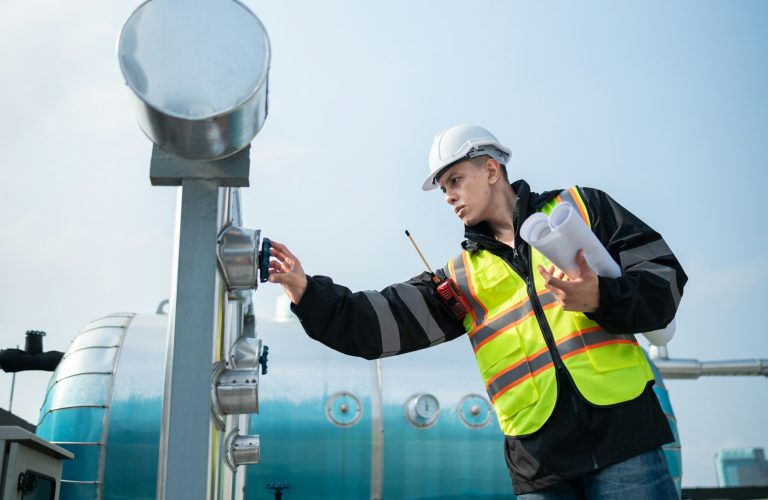 Engineer Performing Maintenance on Industrial Pipes